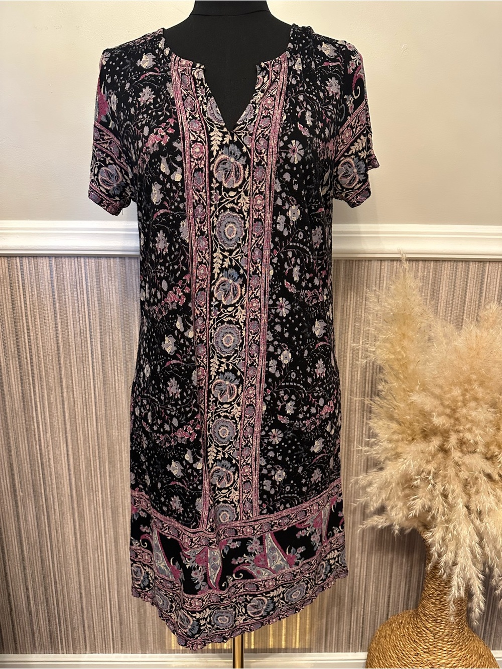 Lucky Brand Floral Boho‎ Knit Shift Dress Pockets Black Purple Paisley Medium